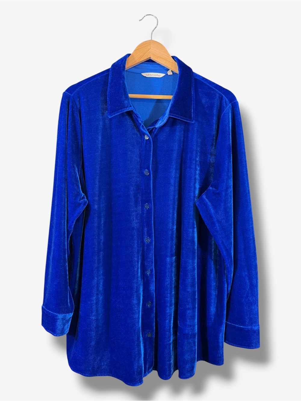 Soft Surroundings Blue Velvet Tunic Top Size 1X Button Front Long Sleeve Casual